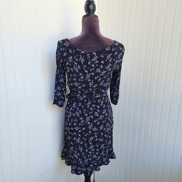 Gap Black Blue Floral Print Faux Wrap 3/4 Sleeve Ladies Dress Ruffle Petite XS - Picture 6 of 14